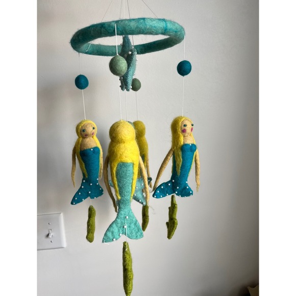 Handmade Needle Felted Mermaid Baby Mobile Teal Yellow Nursery Decor Nautical - Picture 2 of 4